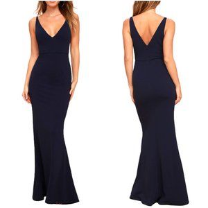 NWT Lulus Melora Navy Blue Sleeveless Maxi Dress gown M medium v-neck mermaid